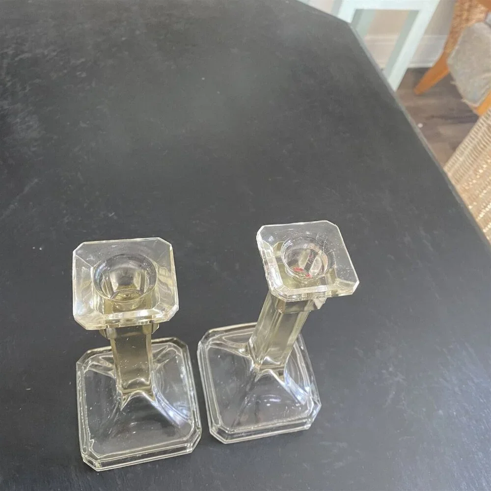 Vintage Pair Glass Candle Sticks Taper Candleholders Clear Square Base 7.5